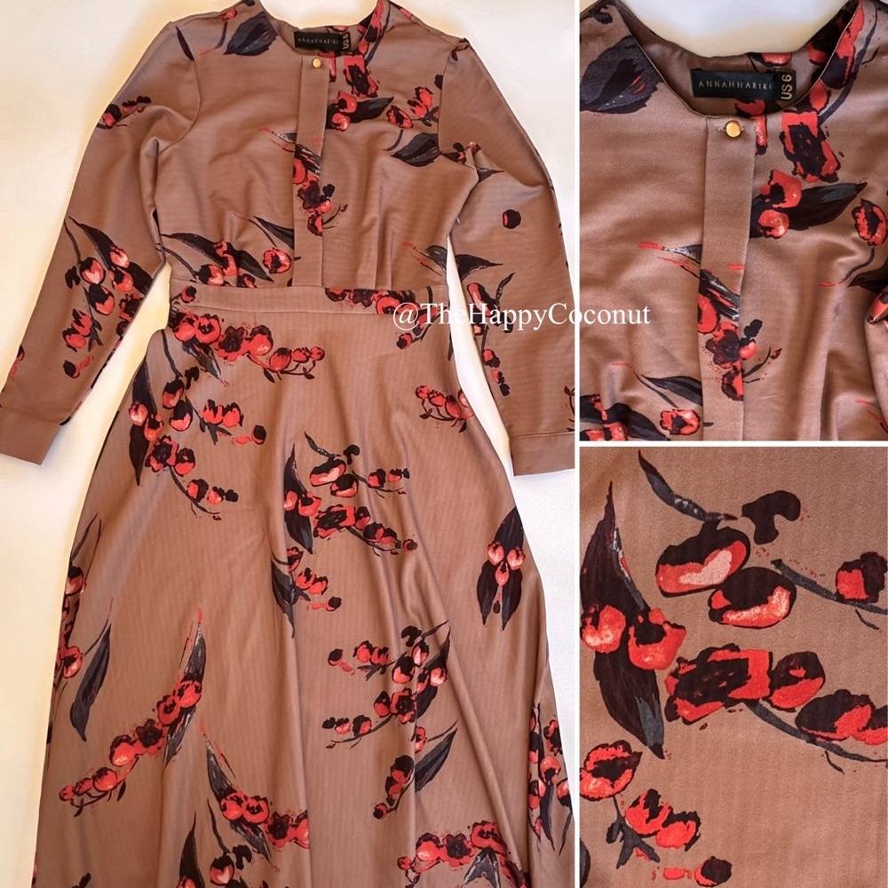 ANNAH HARIRI DRESS WOMENS SIZE 6 AUTUMN CHERRY FLORAL FULL LENGTH LONG SLEEVE